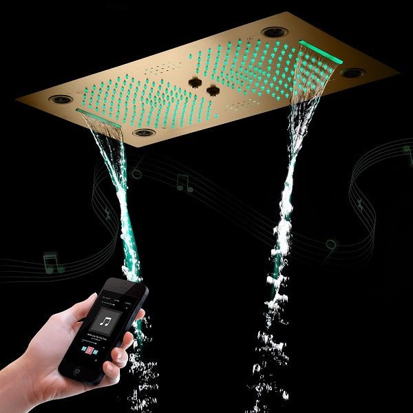 Cascada Pisa 16"x28" Brushed Gold Bluetooth LED Shower System - Cascada Showers