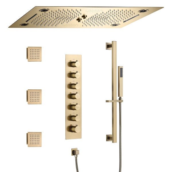 Cascada Pisa 16"x28" Brushed Gold Bluetooth LED Shower System - Cascada Showers