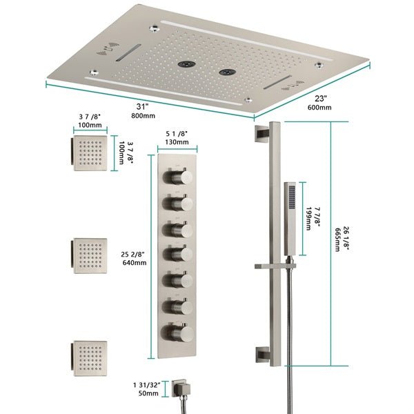 Cascada Venice 23"x31" Brushed Nickel Bluetooth LED Shower System - Cascada Showers