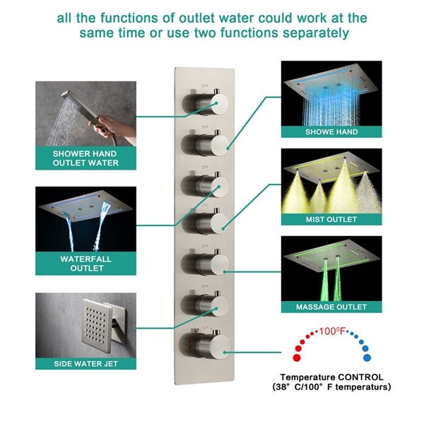 Cascada Venice 23"x31" Brushed Nickel Bluetooth LED Shower System - Cascada Showers