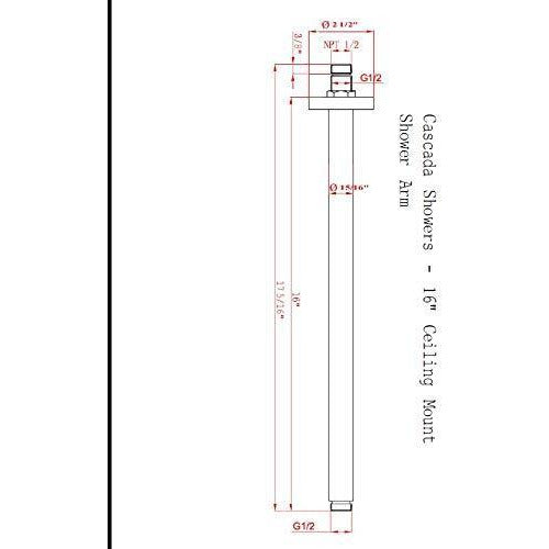 Chrome 16" Ceiling Mount Shower Arm with 1/2" NPT Thread - Cascada Showers