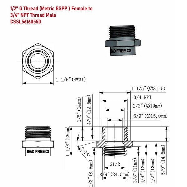 G Thread (Metric BSPP) Female to NPT Male Adapter - Lead Free (1/2" x 3/4") - Cascada Showers