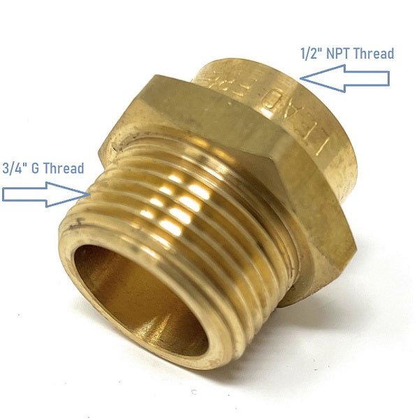 bspp to npt adapter, 3/4 male to 1/2 female reducer, 1/2 male to 3/4 female adapter, 3/4 male to 1/2 female adapter, 3/4 female to 1/2 male reducer, 1/2 female to 3/4 male adapter,  3/4 to 1/2 female adapter, g 3/4 to g 1/2 adapter, male bspp to female npt adapter, 3/4 to 1/2 adapter, 3/4 x 1/2 female adapter, 3/4 male to 1 inch female adapter, bspp to npt. G Thread (Metric BSPP) Male to NPT Female Adapter - Lead Free (3/4" x 1/2") - Cascada Showers