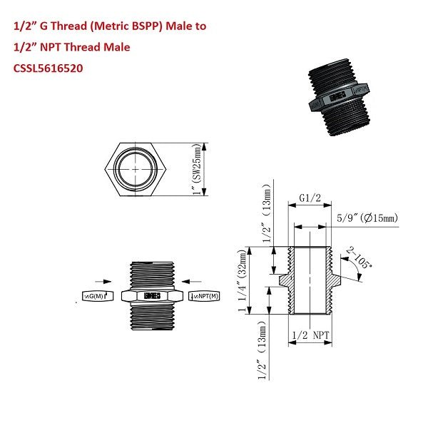 G Thread (Metric BSPP) Male to NPT Male Lead-Free Adapter (1/2" x 1/2") - Cascada Showers
