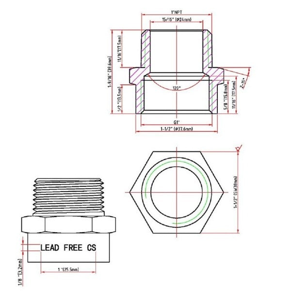 Lead-free brass 1 inch G to NPT thread converter