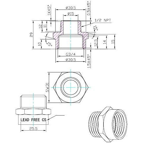 Brass pipe fitting engineering diagram showing thread size and depth