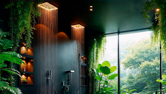 modern bathroom with ceiling mounted rainfall shower and greenery