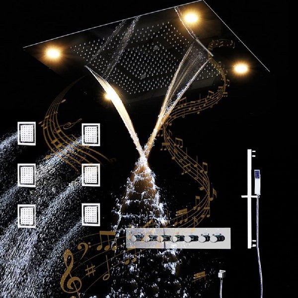 LED Shower System with Bluetooth Speaker and Sliding Bar
