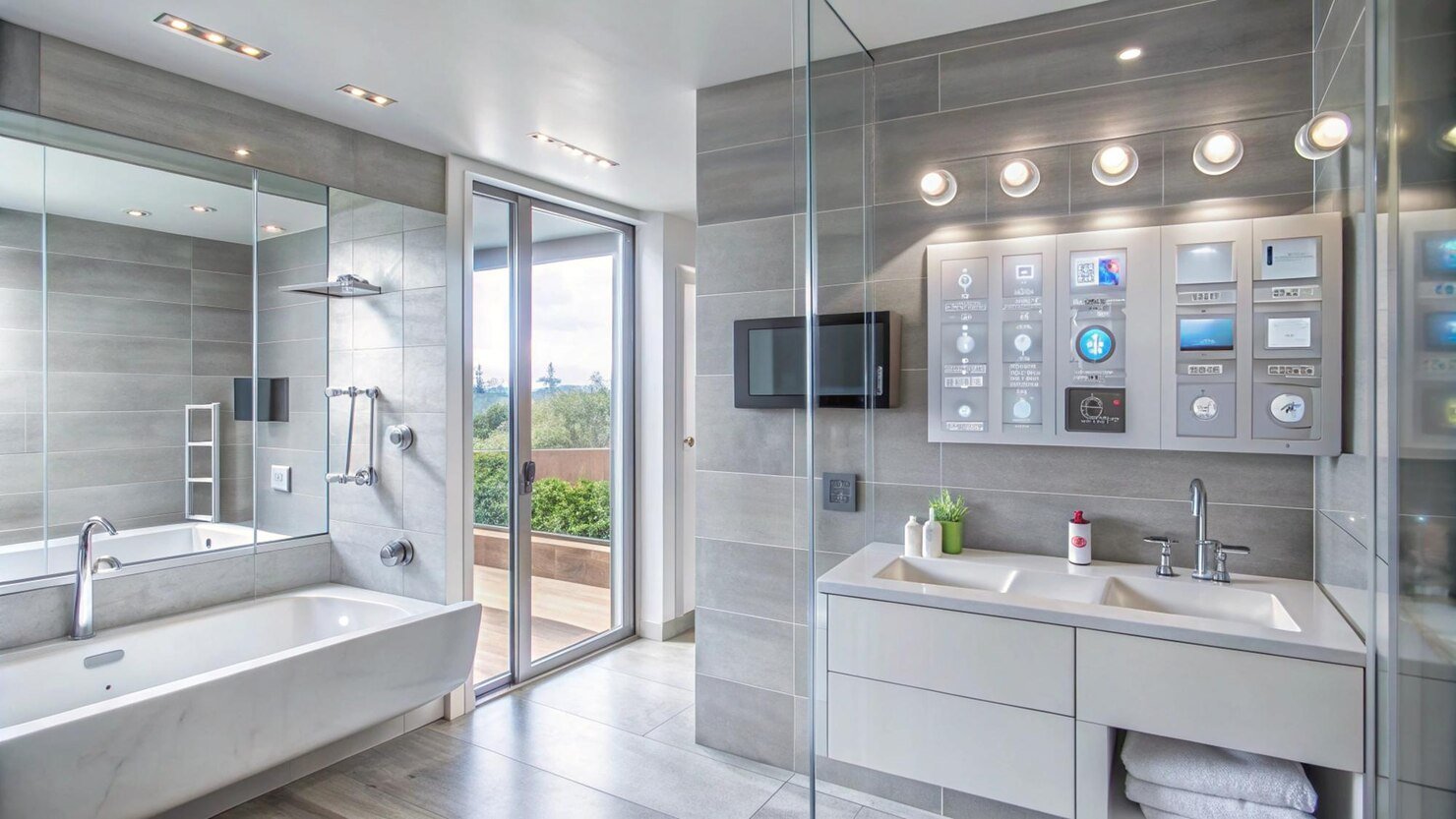 smart bathroom interior with LED lighting and digital fixtures