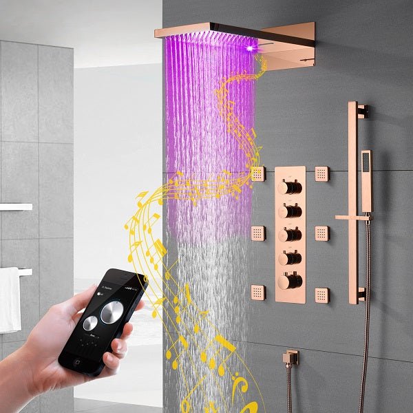 Transform Your Shower Experience with the Cascada 22" Bluetooth LED Shower System: Wall Mounted, Bluetooth Speakers, 4 Functions, and 64 Color Lights