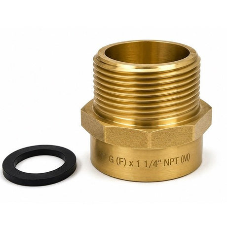 1 inch G female to 1 1/4 inch NPT male brass adapter with washer