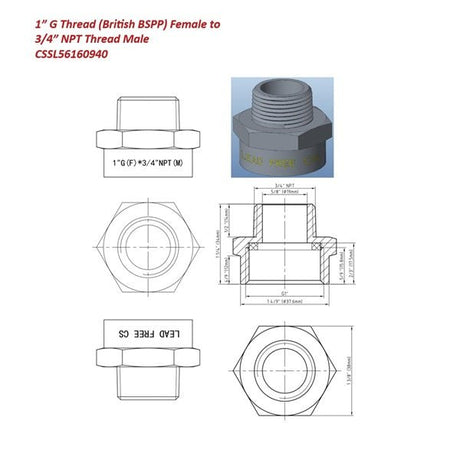 Technical drawing of 1" G Female to 3/4" NPT Male Adapter with Washer — Lead-Free Brass 
