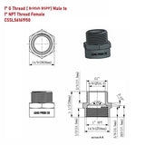 Technical drawing of plumbing fitting with dimensions and specifications.