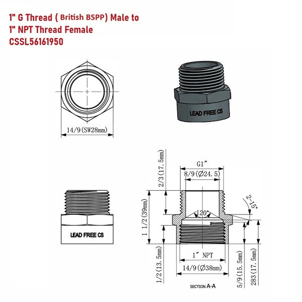 Technical drawing of plumbing fitting with dimensions and specifications.