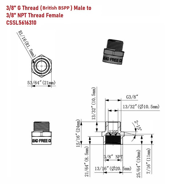 Technical drawing of plumbing thread conversion fitting with dimensions and specifications.