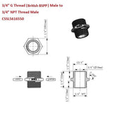 Technical drawing and diagram of a plumbing fitting with dimensions and thread specifications.