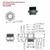 Technical drawing of a plumbing fitting with dimensions and thread specifications.