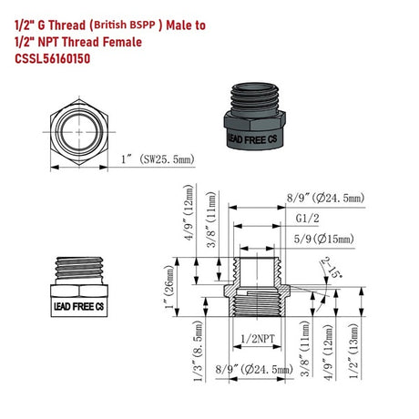 Technical drawing of a plumbing fitting with dimensions and thread specifications.