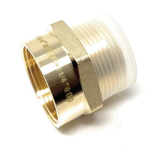 Alternate side view of 1-1/4" x 1-1/4" lead-free pipe adapter, highlighting its precision-engineered threads for secure fittings