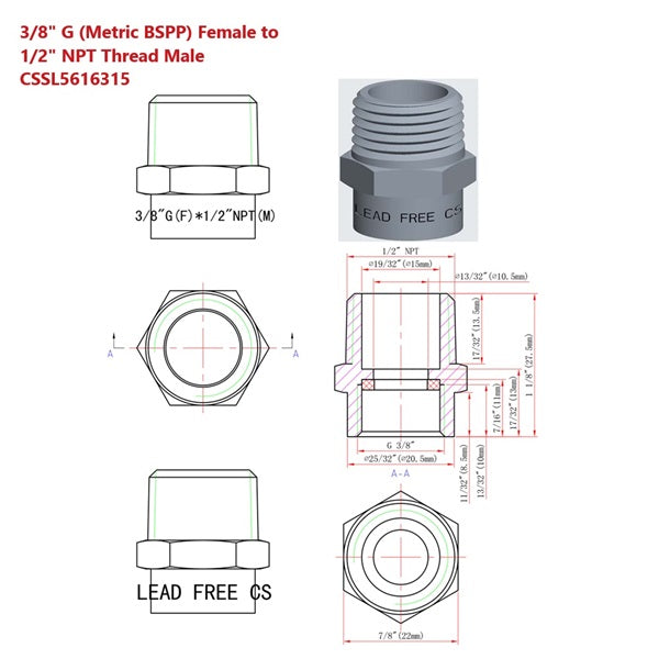 Lead-Free G Thread (Metric BSPP) Female to NPT Male Pipe Fitting Adapter - 1/4" - 3"