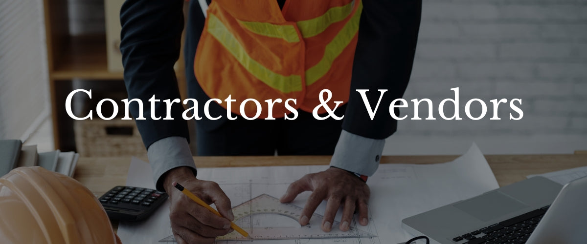 Person in safety vest working on blueprints with text 'Contractors & Vendors' overlayed.