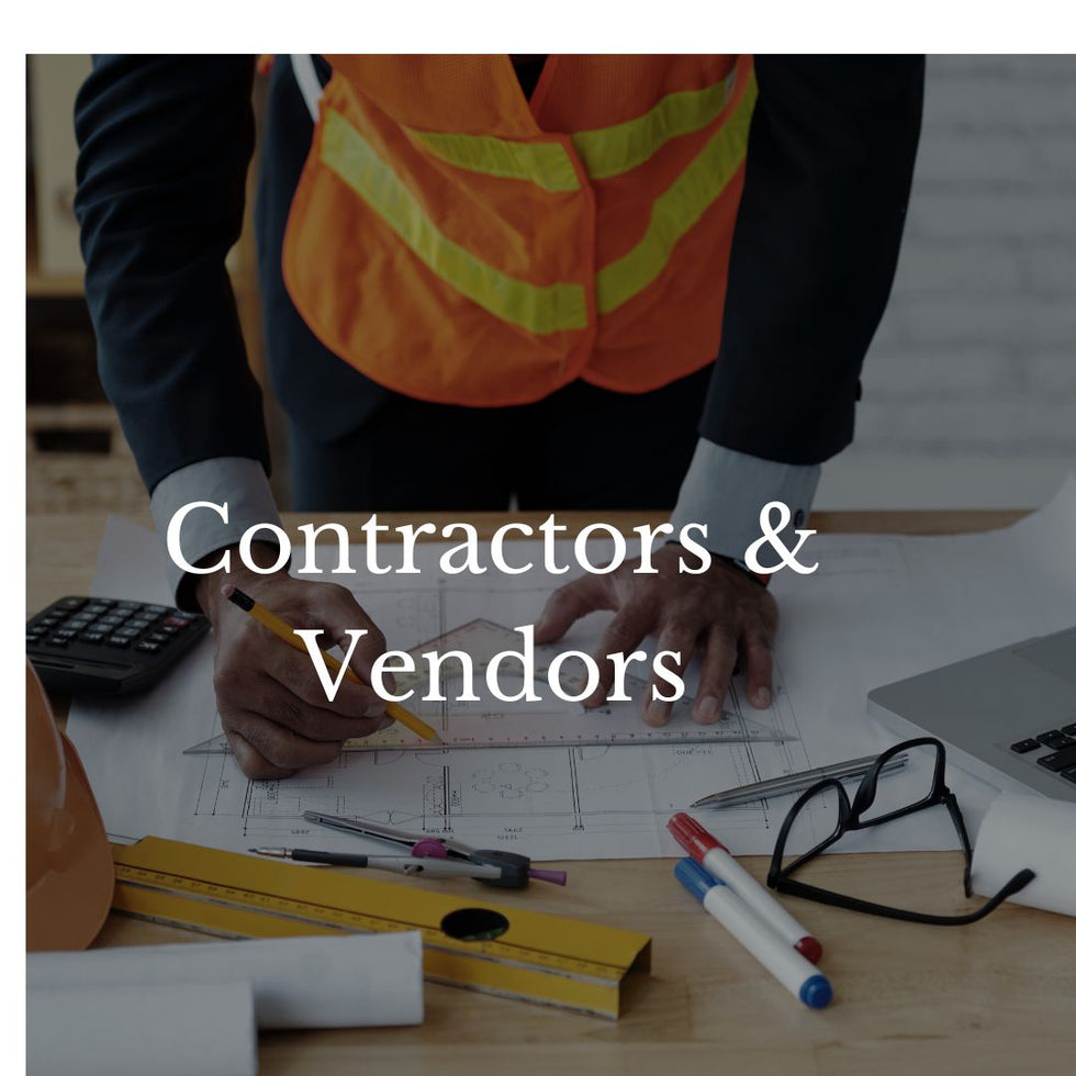 Person in safety vest working on blueprints with tools on a desk, text 'Contractors & Vendors' overlayed.