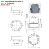 Detailed dimensions diagram of G Thread Metric BSPP Male to NPT Female Adapter, 1-1/4" x 1-1/4", for accurate installation and compatibility