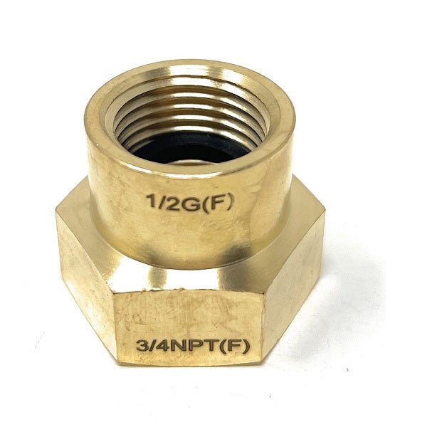 Brass hex nut with thread size markings on a white background