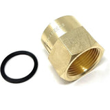 Brass fitting and black washer on a white background