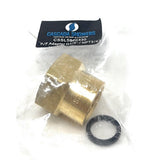 Brass fitting and washer in clear packaging with Cascada Showers label on a white background