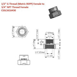Technical drawing of a plumbing fitting with dimensions and thread specifications.