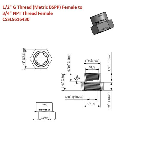 Technical drawing of a plumbing fitting with dimensions and thread specifications.