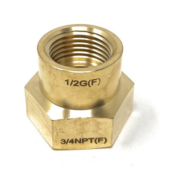 Brass hex nut with thread size markings on a white background