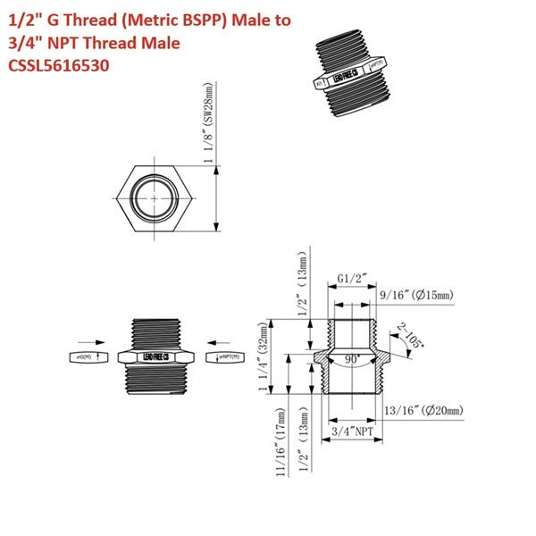 Technical diagram showing dimensions of 1/2" G Male to 3/4" NPT Male Brass Adapter