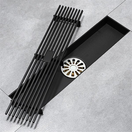 Cascada 12" matte black floor drain with hair-trapping grille and 2" center outlet