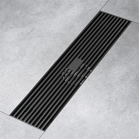 Matte black 12" linear shower drain with rectangular grille and stainless steel body
