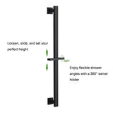 Matte black Cascada 26-inch 304 stainless steel with instructional text and green arrows showing how to loosen, slide, set height, and rotate 360 degrees for flexible shower angles.