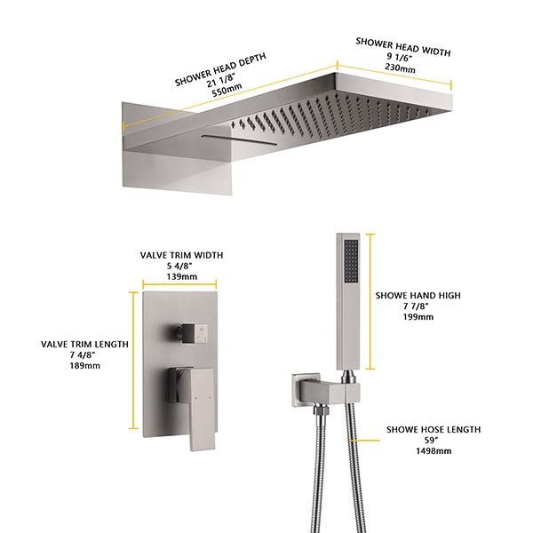 Top shower head size diagram showing 9x22 inch dimensions