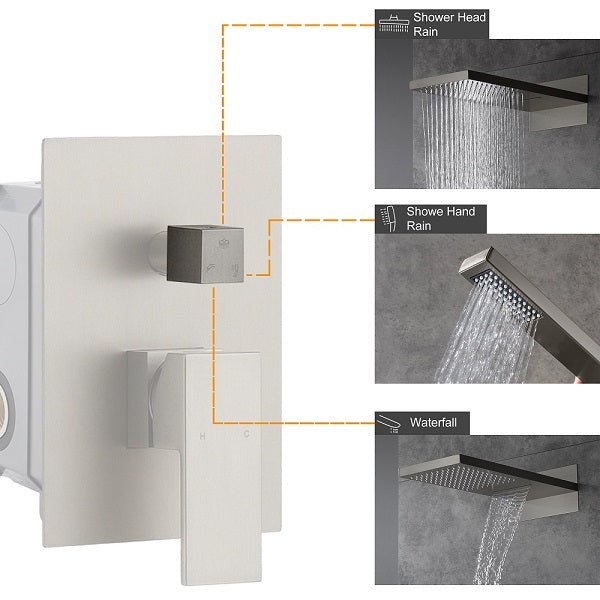 Shower control panel with shower head and hand shower illustrations 