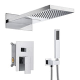 Rectangular top shower head showing rainfall and waterfall spray pattern