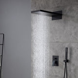 Cascada Amadora Black rain shower head and handheld shower on a gray tiled wall