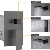 Cascada Black shower control panel with labeled shower head, hand shower, and waterfall functions.
