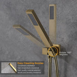 Gold shower head with multiple nozzles on a gray concrete background