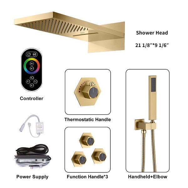 Cascada Aspen 9"x22" Brushed Gold LED Shower System - Cascada Showers