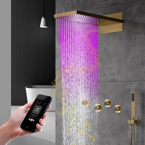 Cascada Aspen 9"x22" Brushed Gold LED Shower System - Cascada Showers