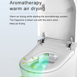 Smart toilet seat emitting green airflow graphics, illustrating aromatherapy warm-air drying with fragrance release.