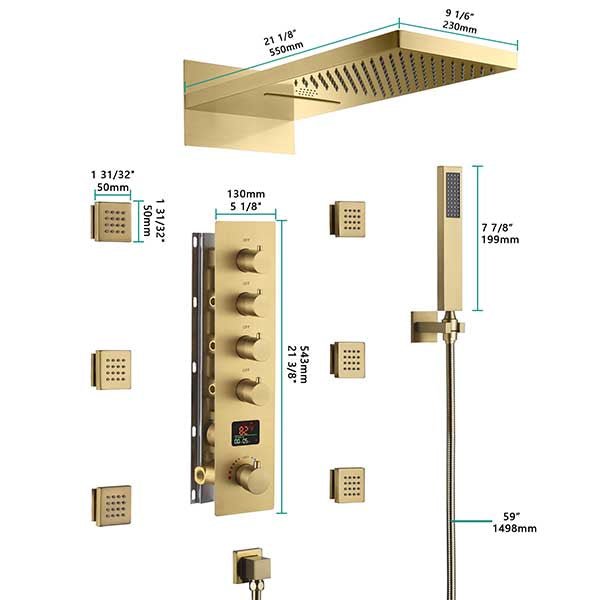 Gold shower system with dimensions labeled on a white background