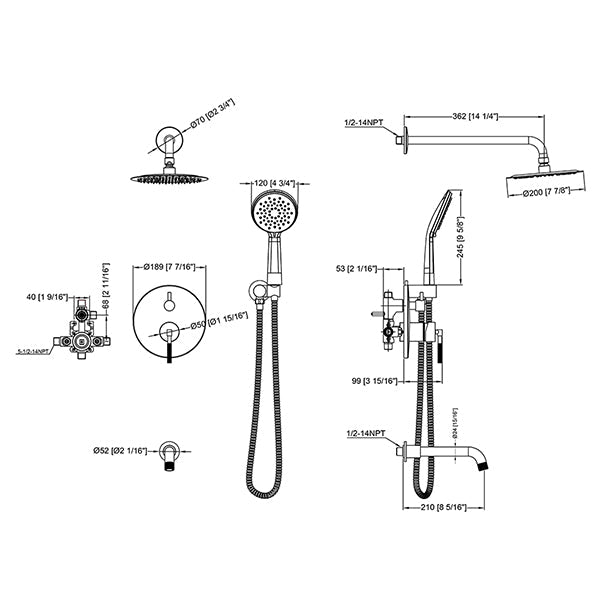 Cascada Bronzo 8" Shower Set with Bathtub Spout - Cascada Showers