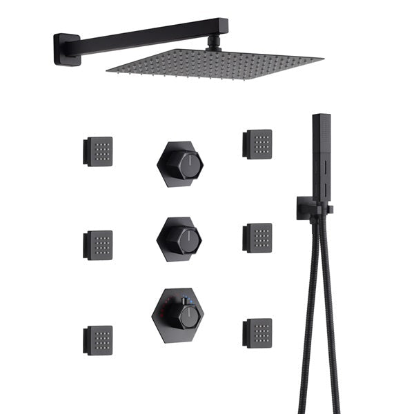 Cascada Camellia 12" Wall Mount Rain Matte Black Showerhead Body Jets