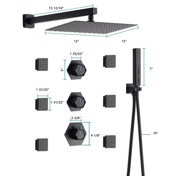 Cascada Camellia 12" Matte Black Shower System - Cascada Showers